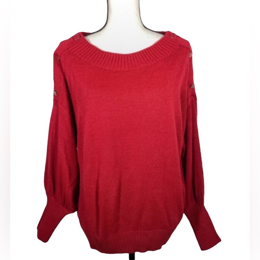 Soho Jeans Red Scoopneck Tight Knit Button Long Balloon Sleeve Sweater L